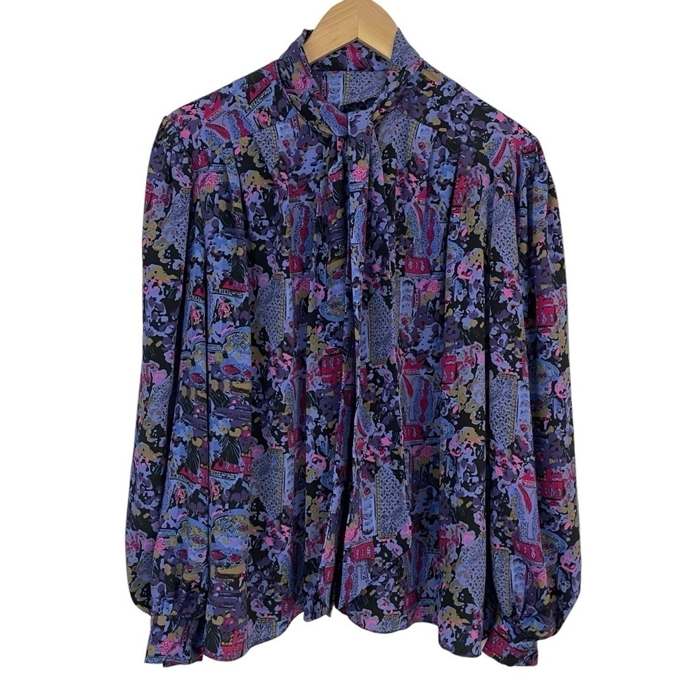 Vintage Handmade Button Up Blouse Womens L Purple Blue Modest High Neck EUC
